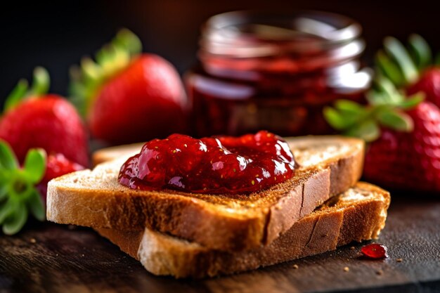 There is a piece of bread with jam and strawberries on it generative ai