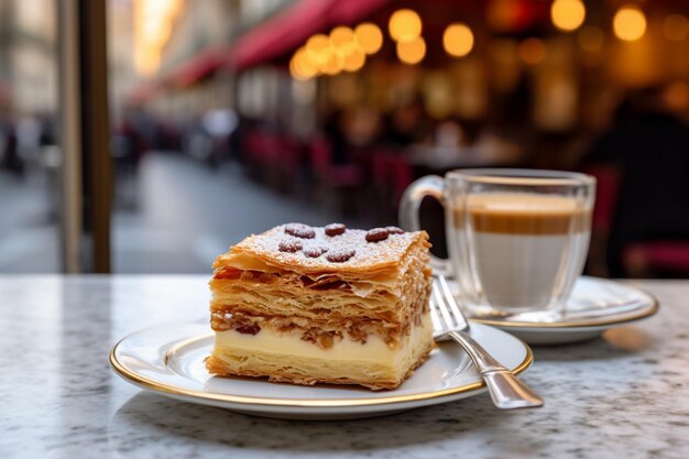 there is a piece of cake on a plate next to a cup of coffee generative ai