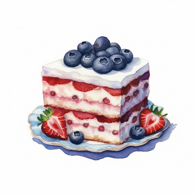 There is a piece of cake with berries on a plate generative ai