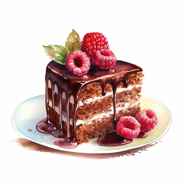 There is a piece of cake with chocolate and raspberries on it generative ai