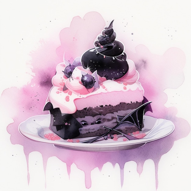 There is a piece of cake with pink icing and blackberries on it generative ai