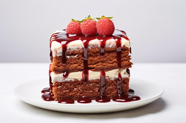 Photo there is a piece of cake with raspberries on top of it generative ai