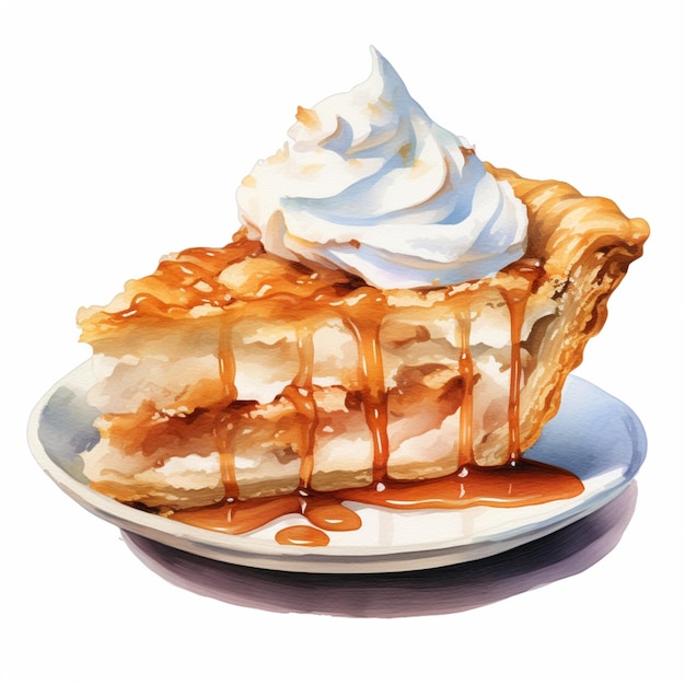 there is a piece of pie with whipped cream and caramel sauce on it generative ai