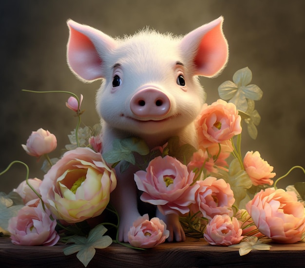 There is a pig that is sitting in a bunch of flowers generative ai