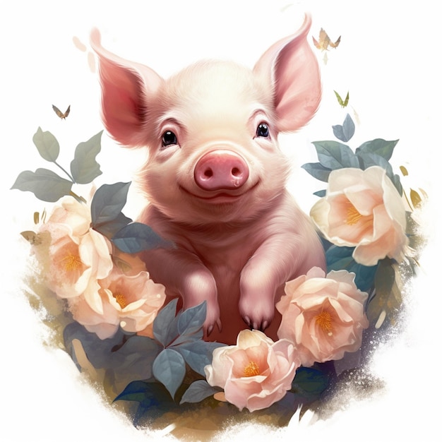 There is a pig that is sitting in a flower wreath generative ai