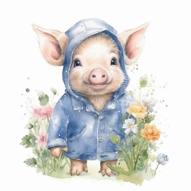 파란색 재을 입은 돼지가 잔디에 서 있습니다.
