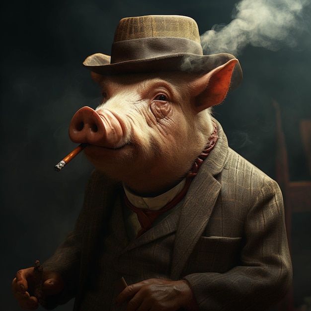 There is a pig wearing a hat and smoking a cigarette generative ai