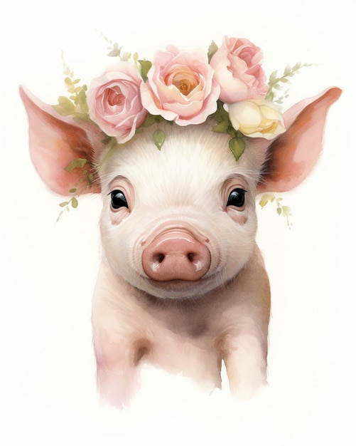 Photo there is a pig with a flower crown on its head generative ai