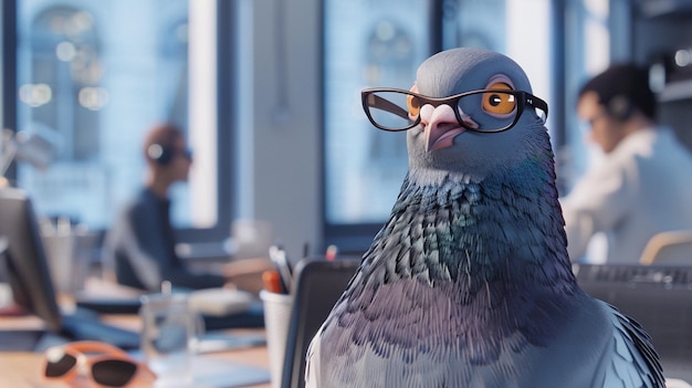 Photo there is a pigeon with glasses on sitting in front of a computer generative ai