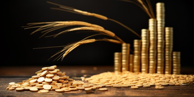 Photo there is a pile of coins and a pile of wheat on a table generative ai