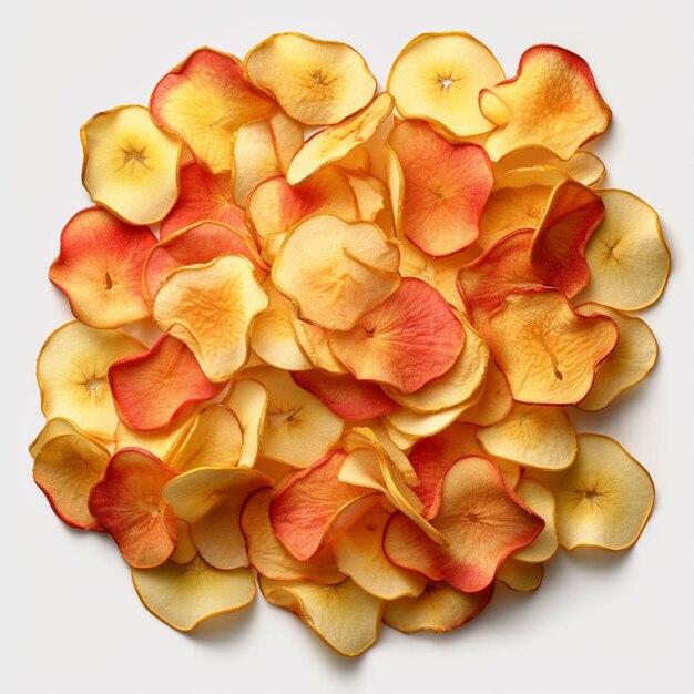 There is a pile of dried fruit chips on a white surface generative ai