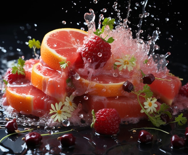 There is a pile of fruit with water splashing on it generative ai