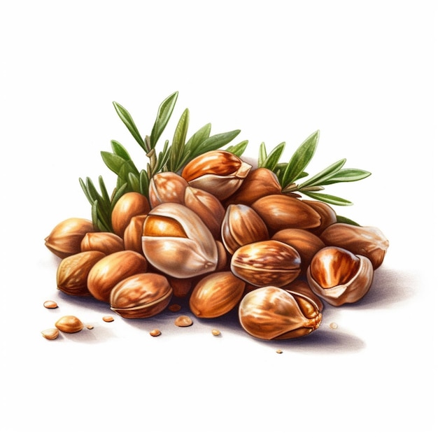 there is a pile of nuts with leaves on top of it generative ai