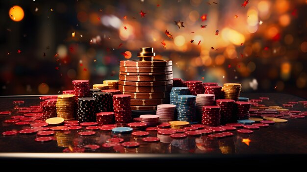 there is a pile of poker chips on a table with confetti Generative AI