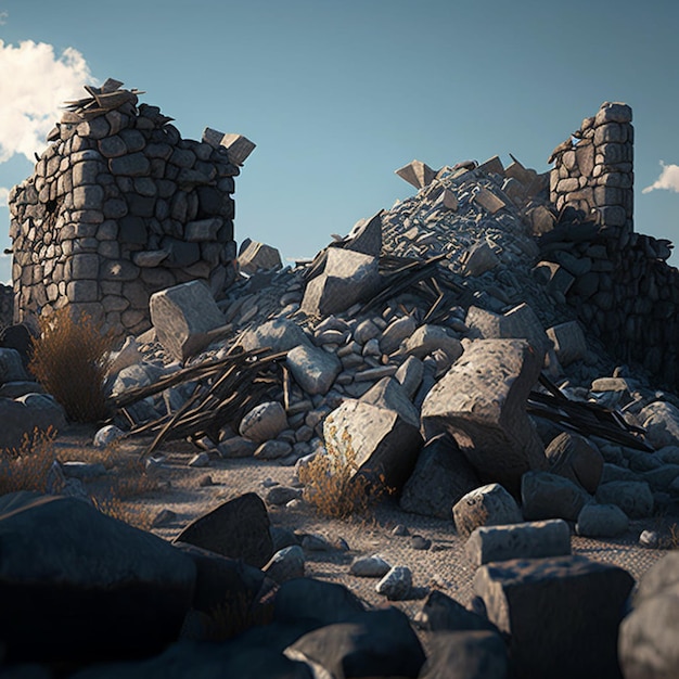 there is a pile of rubble and rocks in the desert generative ai