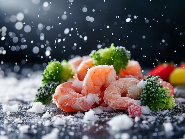 Photo there is a pile of shrimp and broccoli on a table generative ai