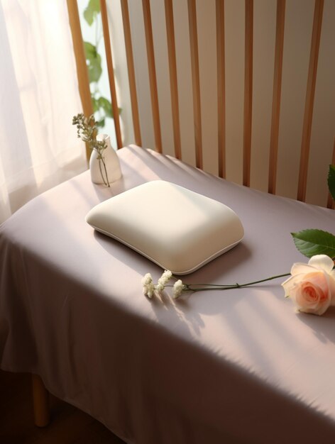 Photo there is a pillow and a flower on a table generative ai