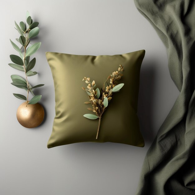 there is a pillow with a plant on it next to a vase generative ai