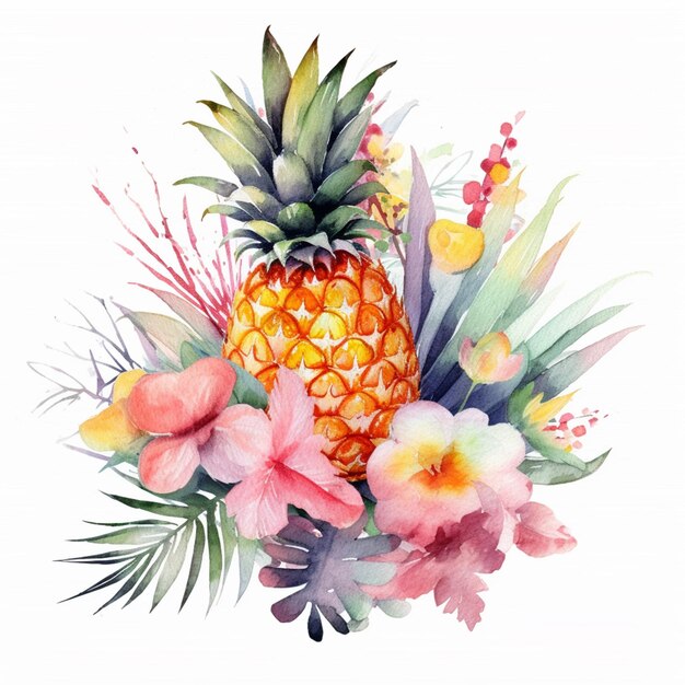 There is a pineapple and flowers on a white background generative ai