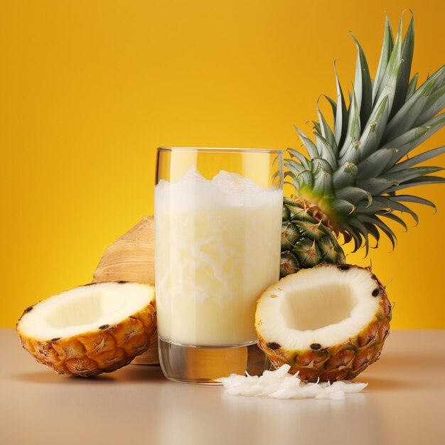 There is a pineapple and a glass of milk on a table generative ai