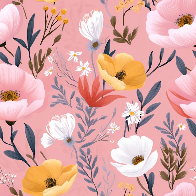 There is a pink background with a bunch of flowers and leaves generative ai