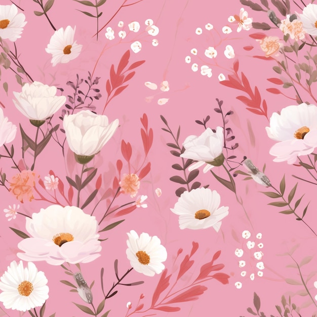ピンクの背景に白い花と葉の生成aiがあります
