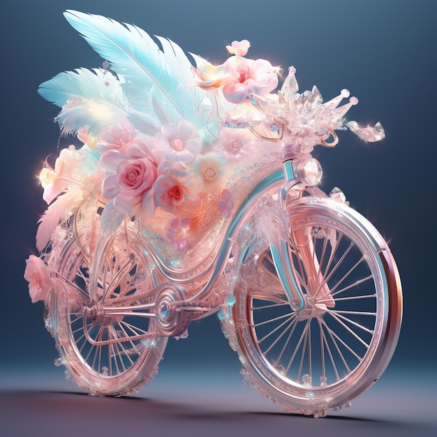 ピンクの自転車に花の束がついています