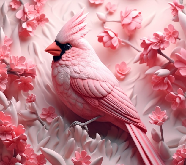 ピンクの花のケーキに座っているピンクの鳥がいます