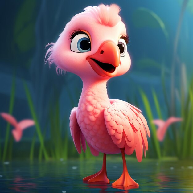 There is a pink bird standing in the water with a green background generative ai