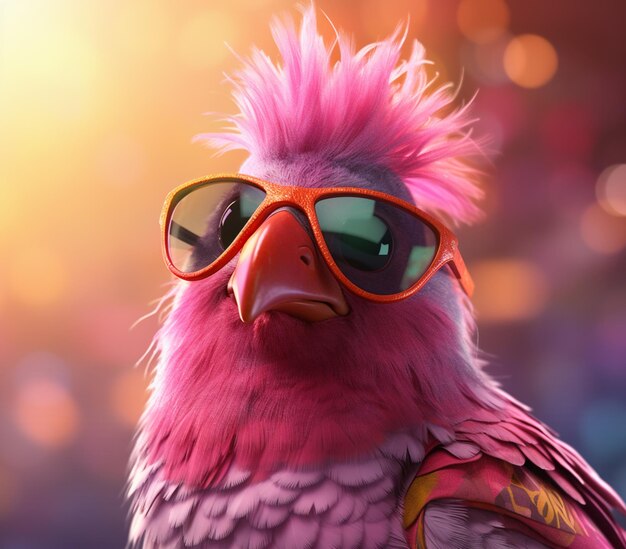 There is a pink bird with sunglasses on its head generative ai