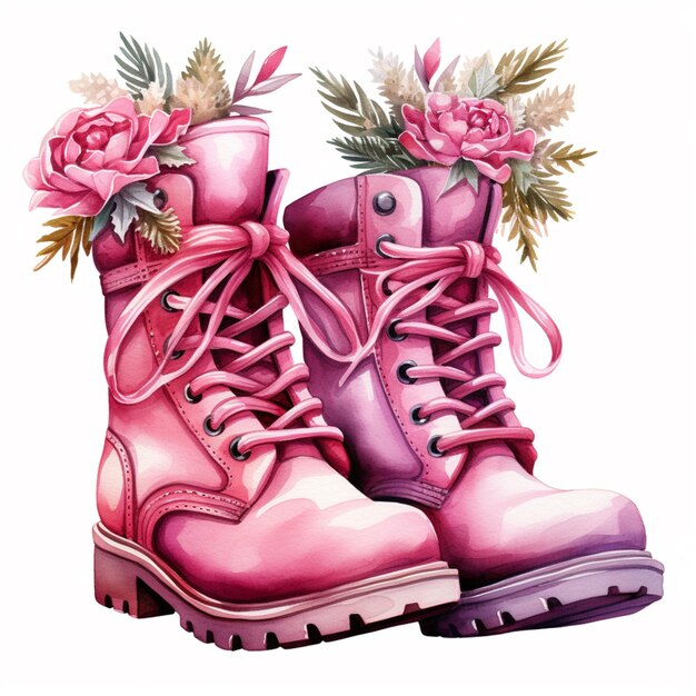 ピンクのブーツに花が付いてる 
