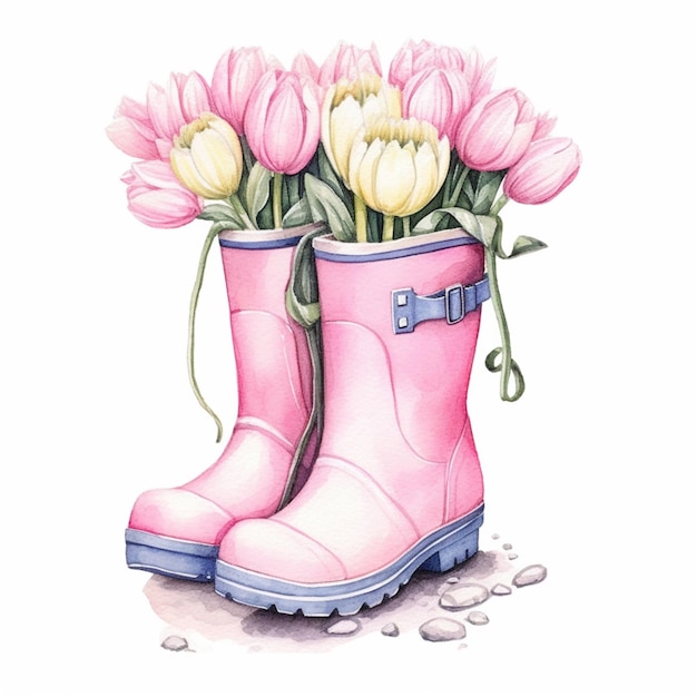 ピンクの花が入ったピンクのブーツがあります 生成 AI