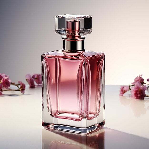 there is a pink bottle of perfume on a table with flowers generative ai