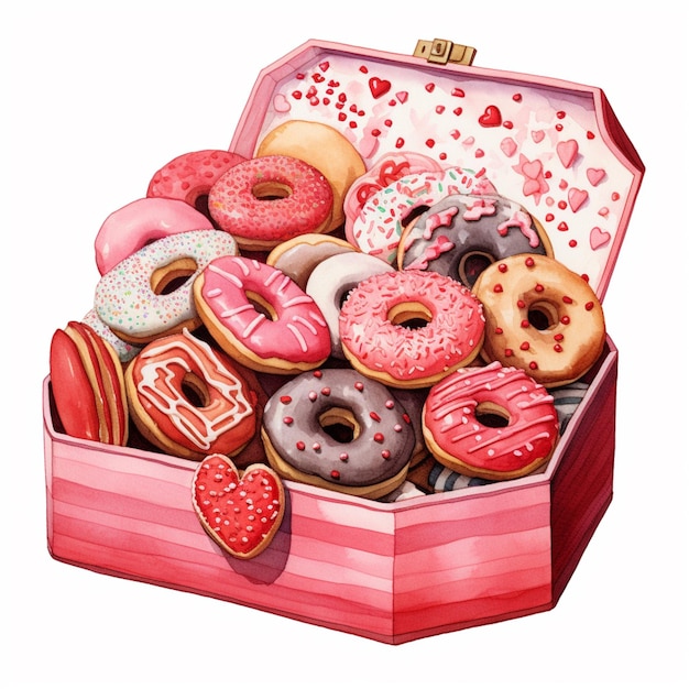 Там есть розовая коробка, наполненная множеством пончиков и других лакомств.