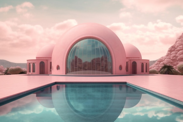 there is a pink building with a pool in front of it generative ai