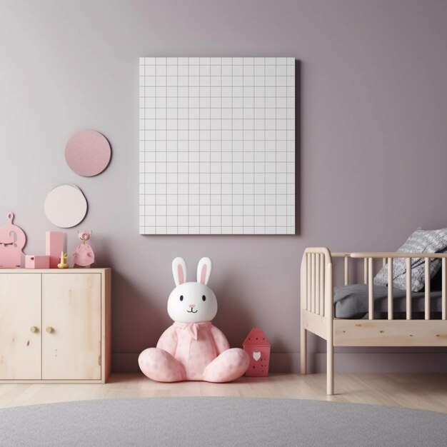 白い壁の部屋にピンクのウサギが座っています。生成 AI