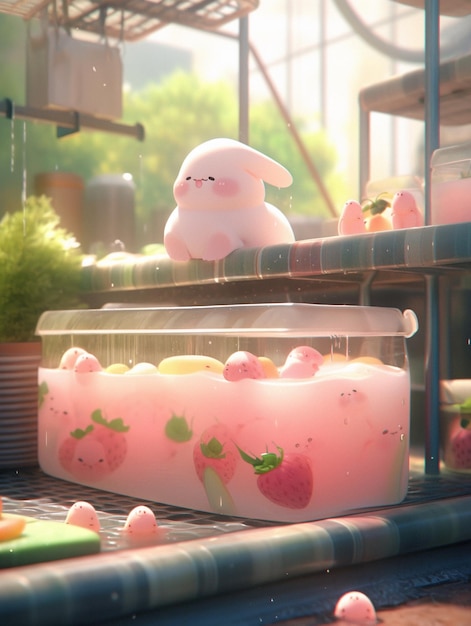 There is a pink bunny toy sitting on a shelf next to a container of jelly generative ai