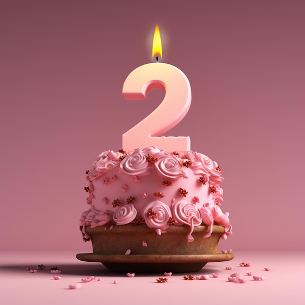 there is a pink cake with a candle on top of it generative ai