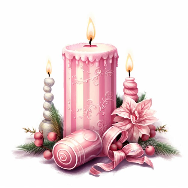 Photo there is a pink candle with a ribbon and a candle holder generative ai