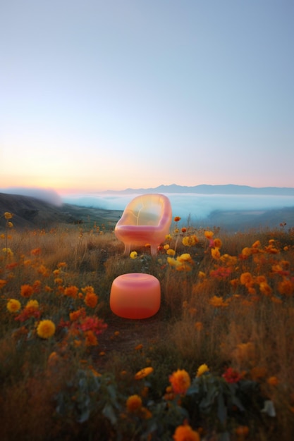 there is a pink chair and a pink ottoman in a field of flowers generative ai