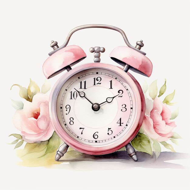 there is a pink clock with flowers on it on a white background generative ai