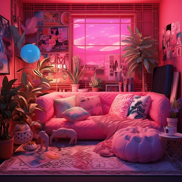 there is a pink couch in a room with a pink wall generative ai