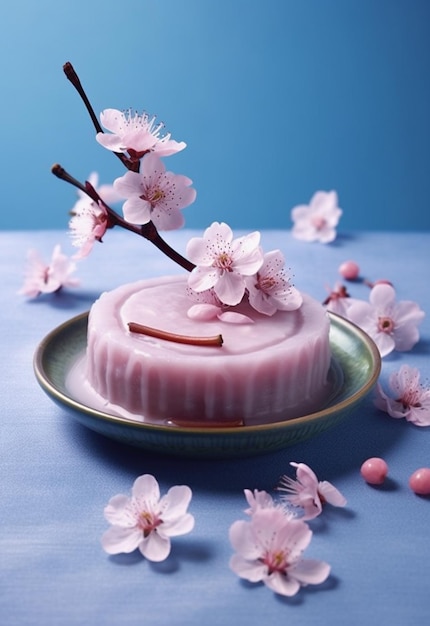 There is a pink dessert with cherry blossoms on a plate generative ai
