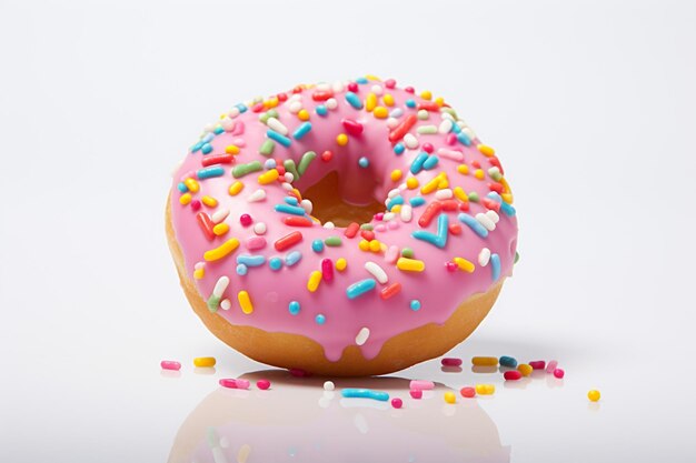 There is a pink donut with sprinkles and colored sprinkles generative ai