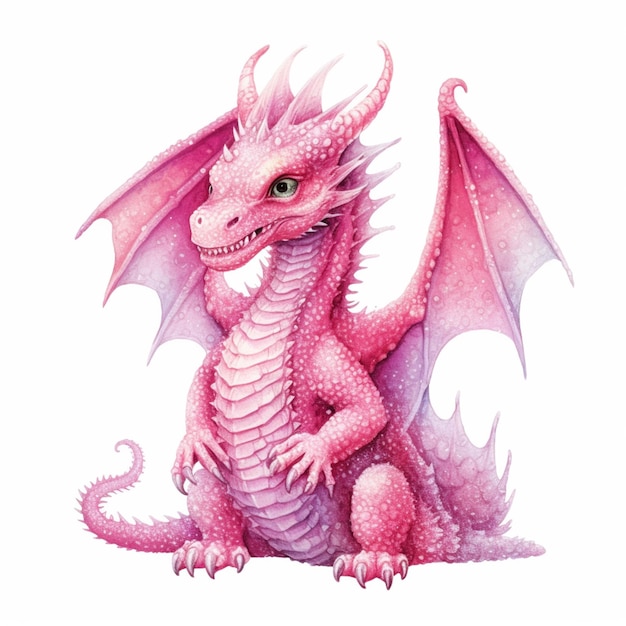 На земле сидит розовый дракон с распростертыми крыльями.