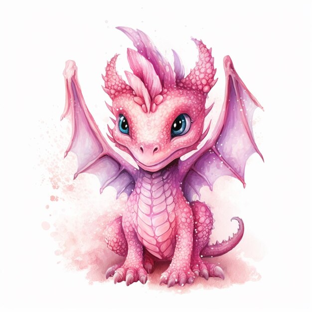 there is a pink dragon with blue eyes sitting on a white surface generative ai