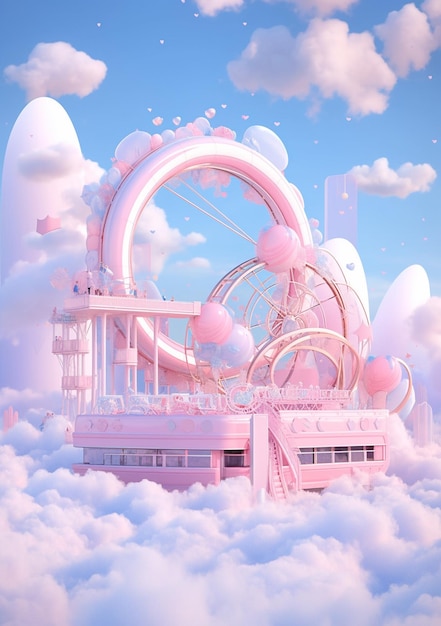 there is a pink ferris wheel in the clouds with pink balloons generative ai