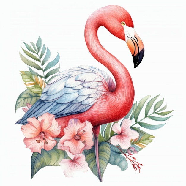 There is a pink flamingo standing on a branch with flowers generative ai