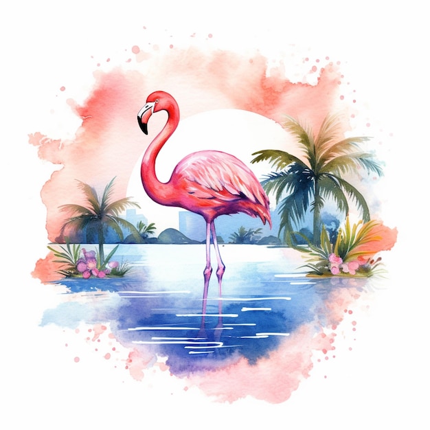 There is a pink flamingo standing in the water with palm trees generative ai