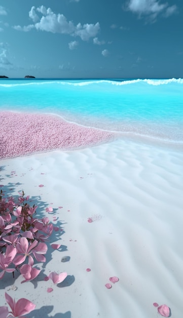 there is a pink flower on the beach next to the water generative ai